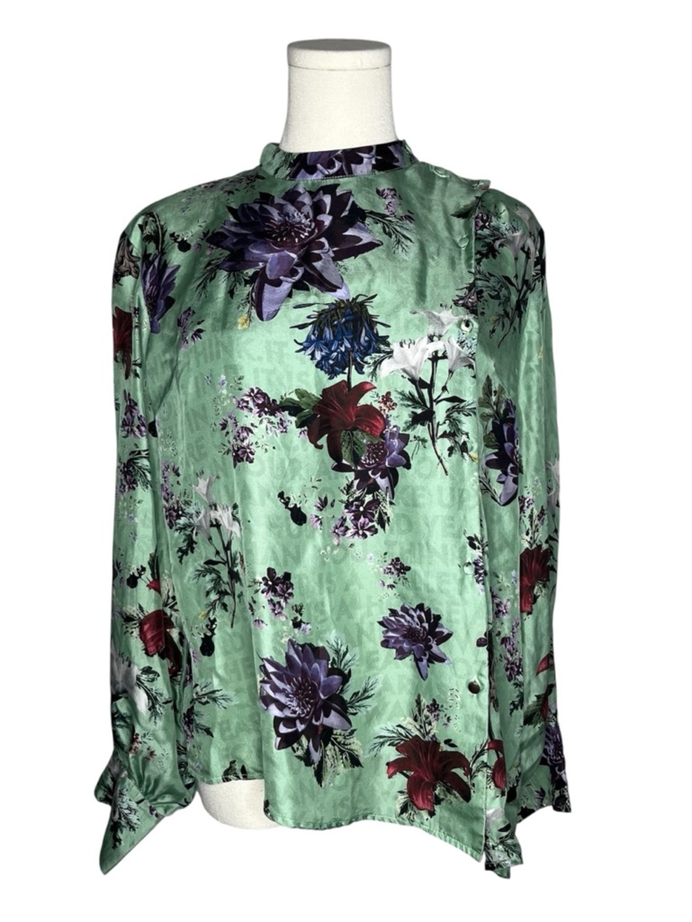 Each x Other Fabio Paleari Green Floral Silk High Neck Button Blouse